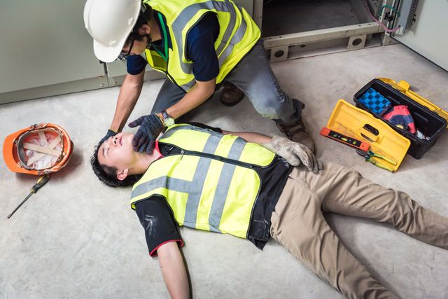 Worker giving first aid to an injured colleague on a construction site