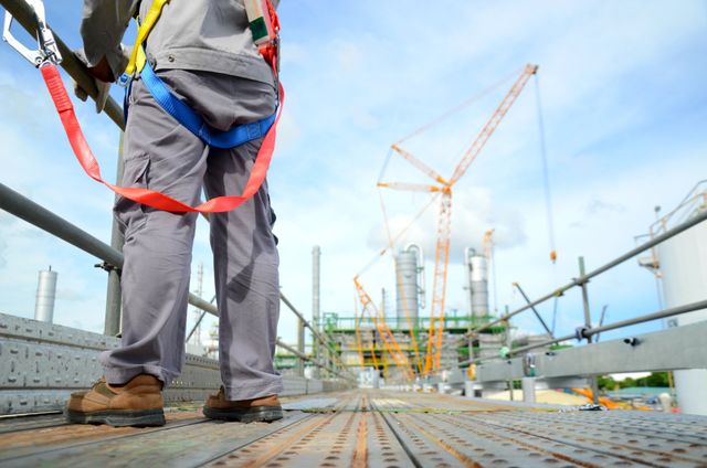 Worker wearing a fall-arrest harness on an elevated construction platform