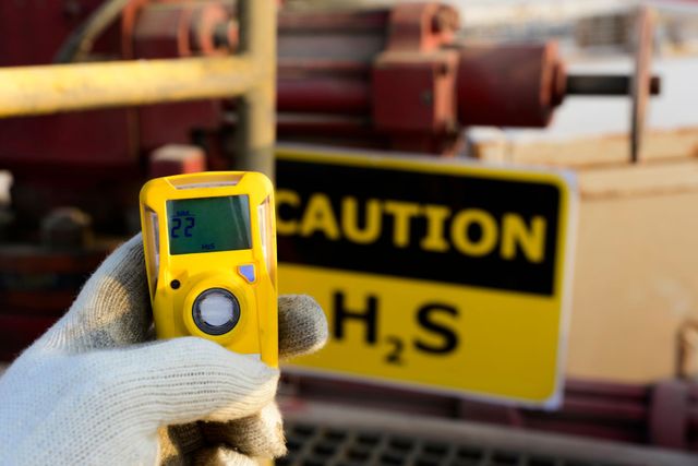 Gas detector held in front of an H2S caution sign