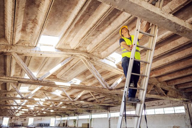 Worker climbing a ladder inside a timber-framed building