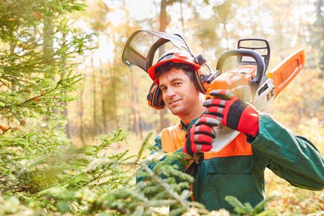Forestry worker in a helmet and visor carrying a chainsaw