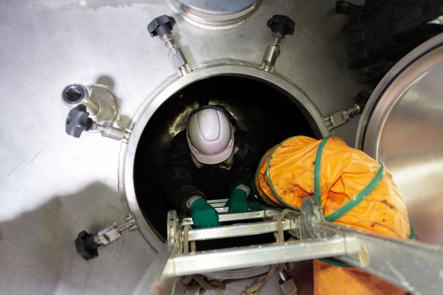 Worker in breathing apparatus entering a tank through a manway