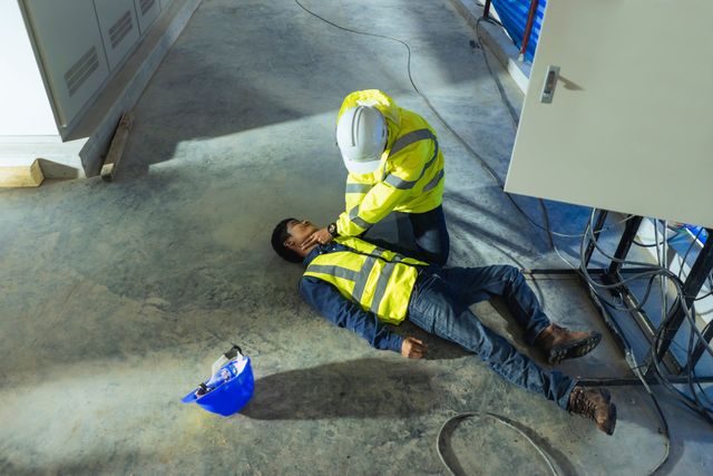 Worker in a hard hat helping an injured colleague lying on a workshop floor