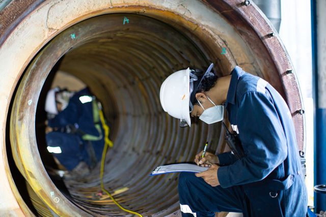 Worker in a respirator working inside a large pipe