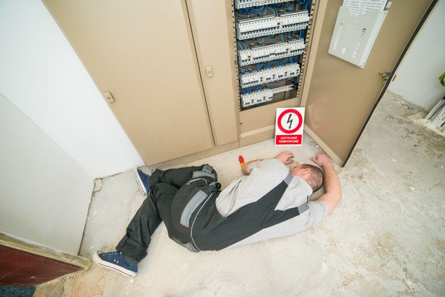 Person lying unconscious on the floor beside an electrical switchboard