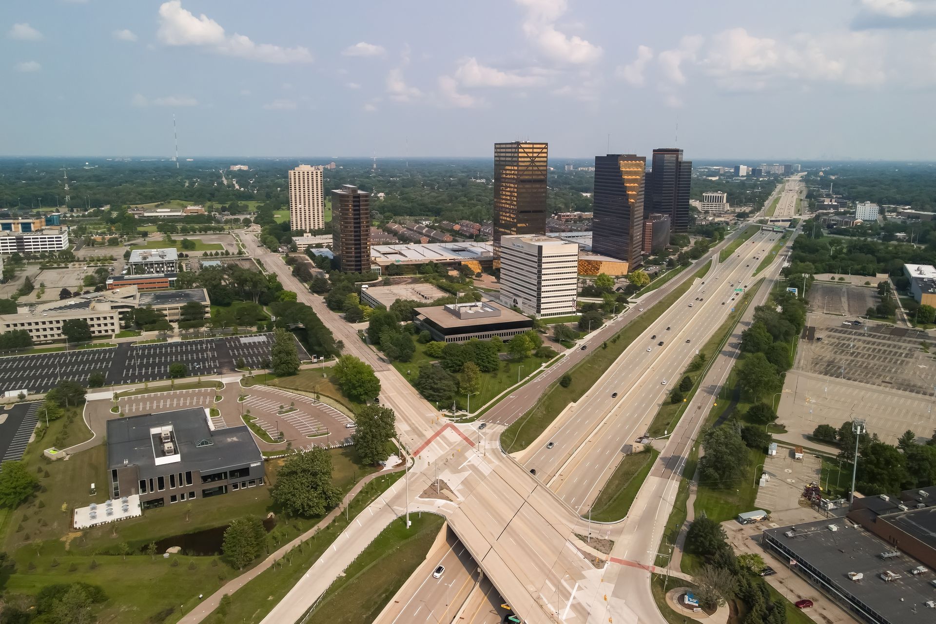 An aerial photograph of Southfield, MI, which is a northern suburb located in Oakland County, MI