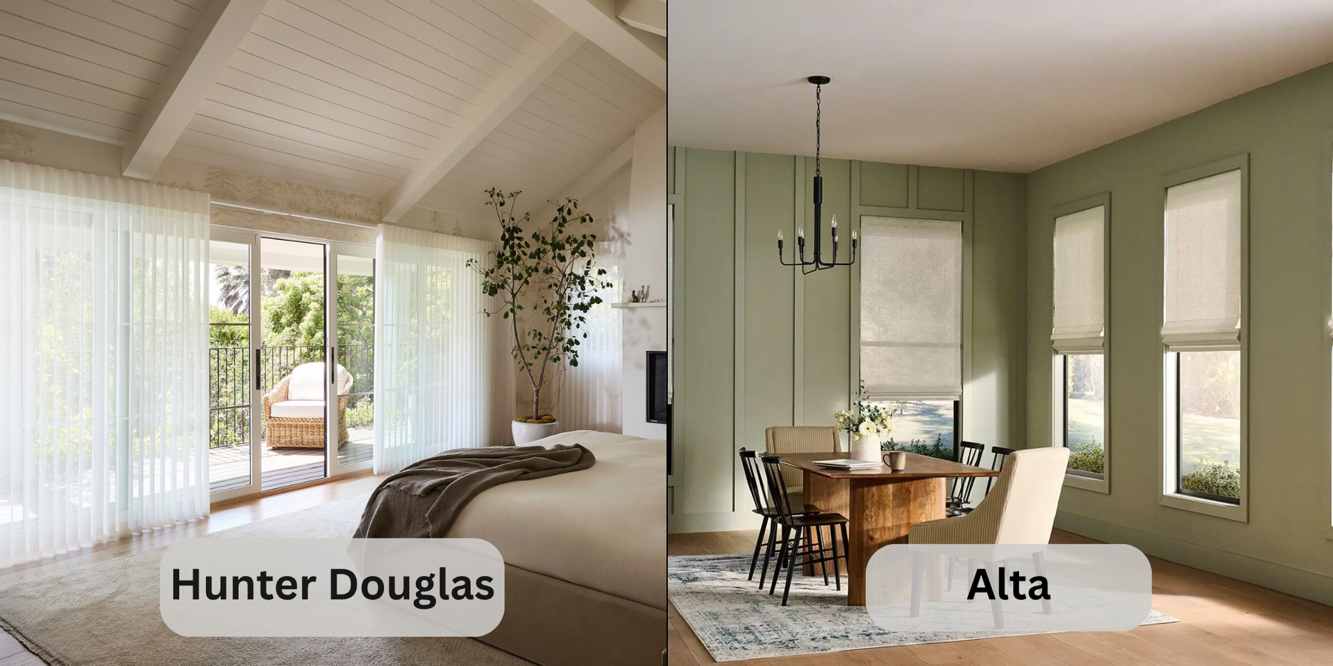 An image showing window treatments by Hunter Douglas and Alta Window Fashions side-by-side for compa