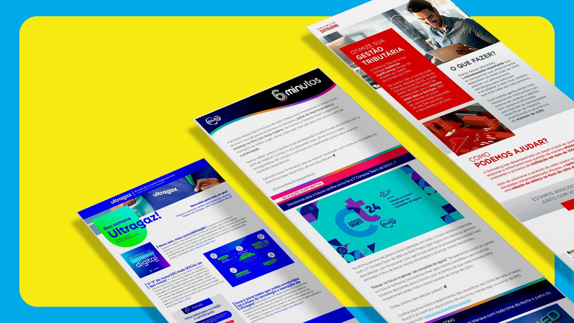 Três e-mails empilhados um sobre o outro em um fundo amarelo.
