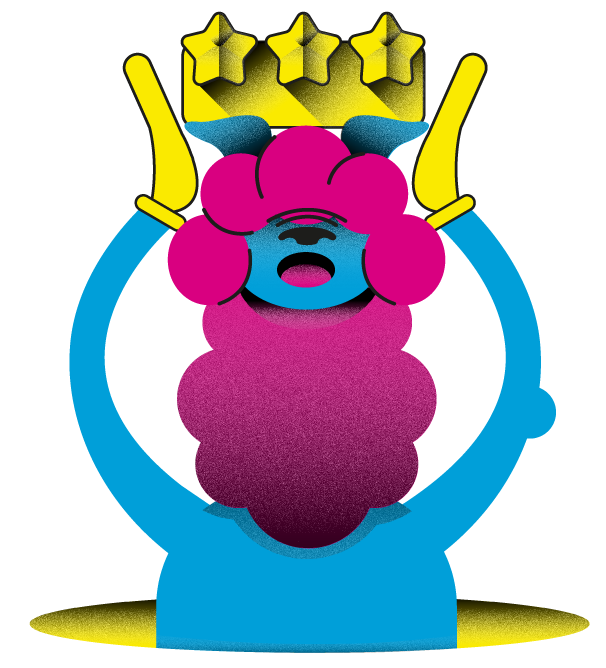 Um personagem de desenho animado com cabelo rosa e uma coroa na cabeça