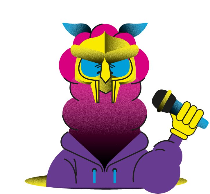 Um personagem de desenho animado está usando uma máscara e segurando um microfone.