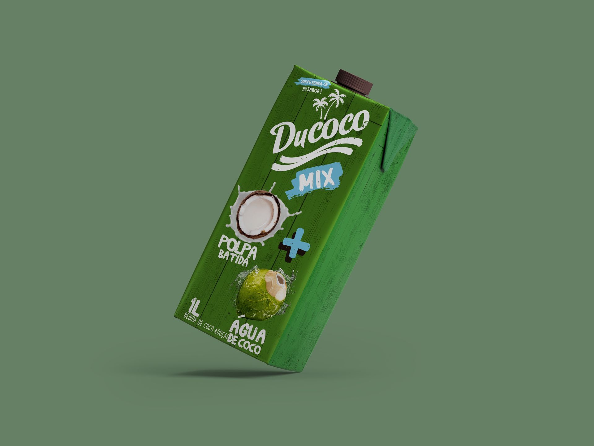 Uma caixa verde de leite de coco está flutuando no ar sobre um fundo verde.