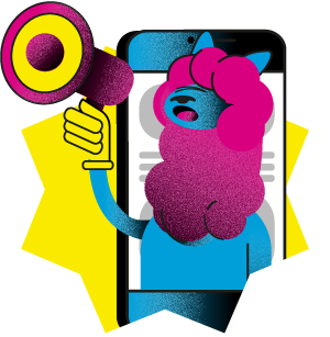Uma ilustração de uma pessoa segurando um megafone ao lado de um telefone celular