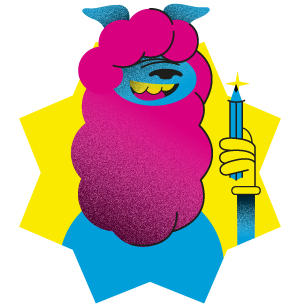 Um desenho animado de uma ovelha segurando um lápis