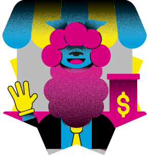 Uma ilustração de desenho animado de um homem com barba rosa