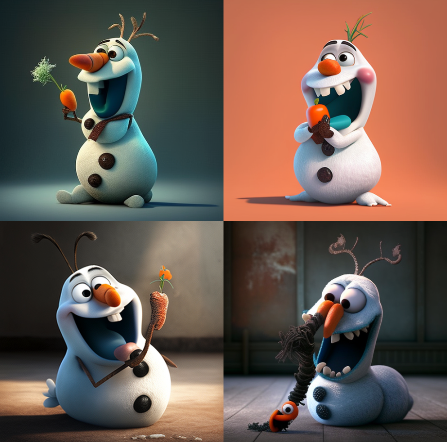 Quatro fotos do olaf do frozen comendo cenouras