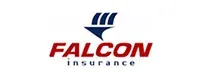 Falcon Insurance logo with red text and blue falcon emblem on white background