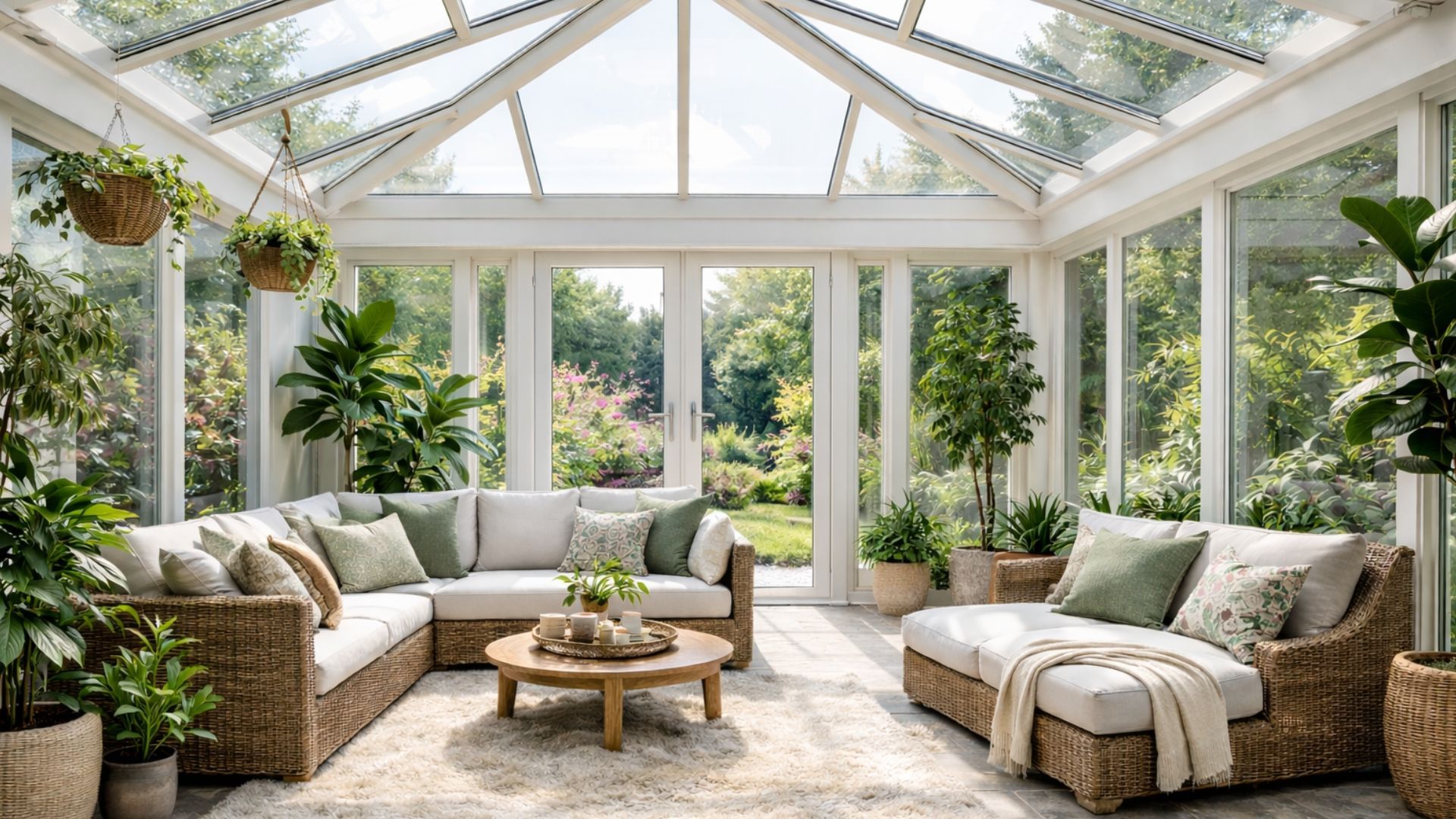 Bright sunroom with white sofas, woven chairs, potted plants, and garden views through large windows.