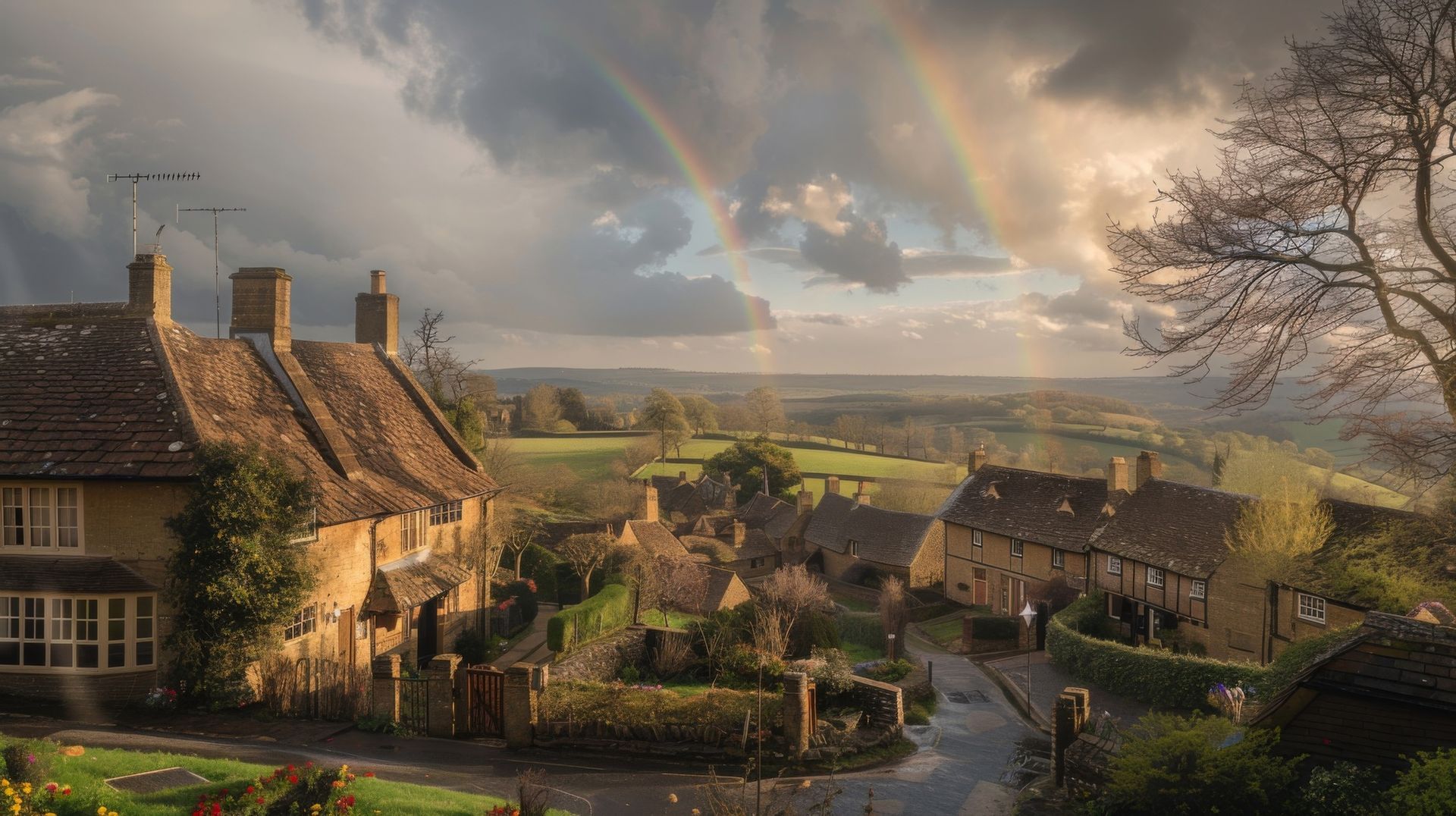 Stone cottages in a village at sunset, with winding roads and dramatic clouds over green fields.