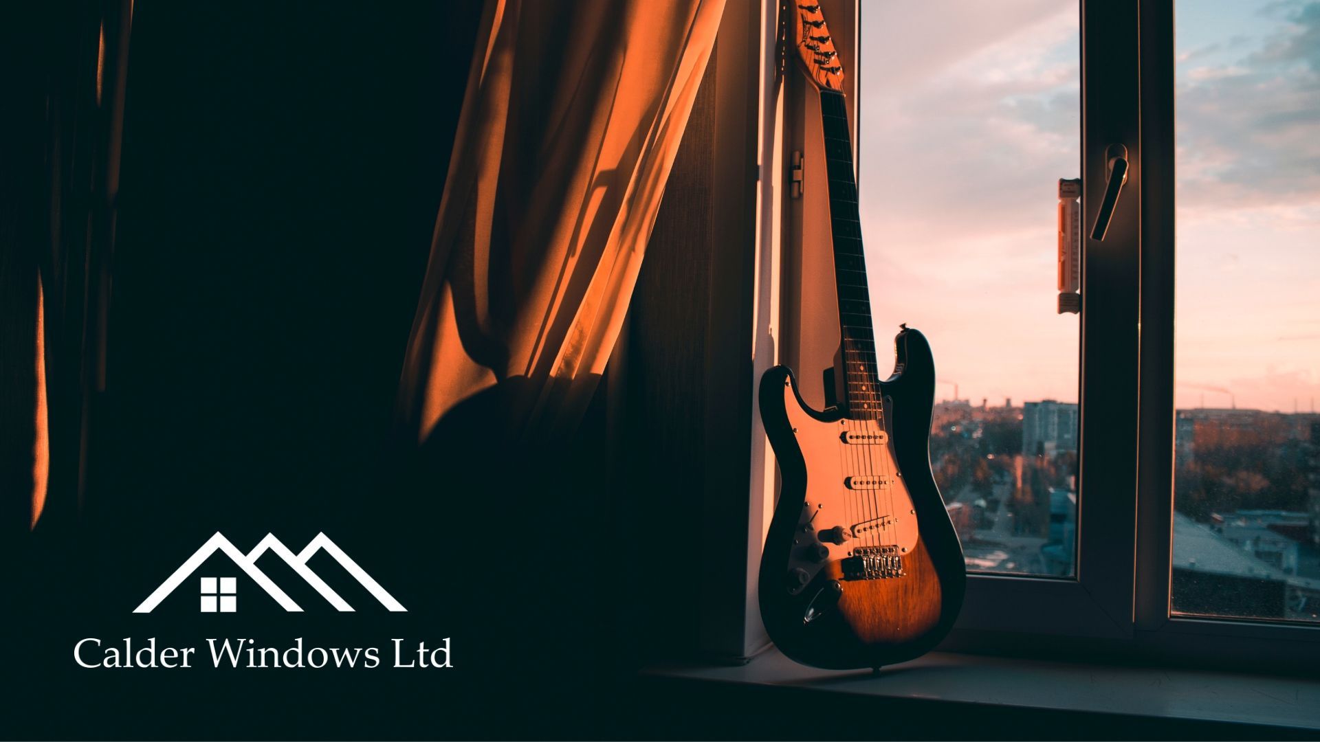 Guitar by a window at sunset, with orange curtains and a city view; Caldwell Windows Ltd logo.