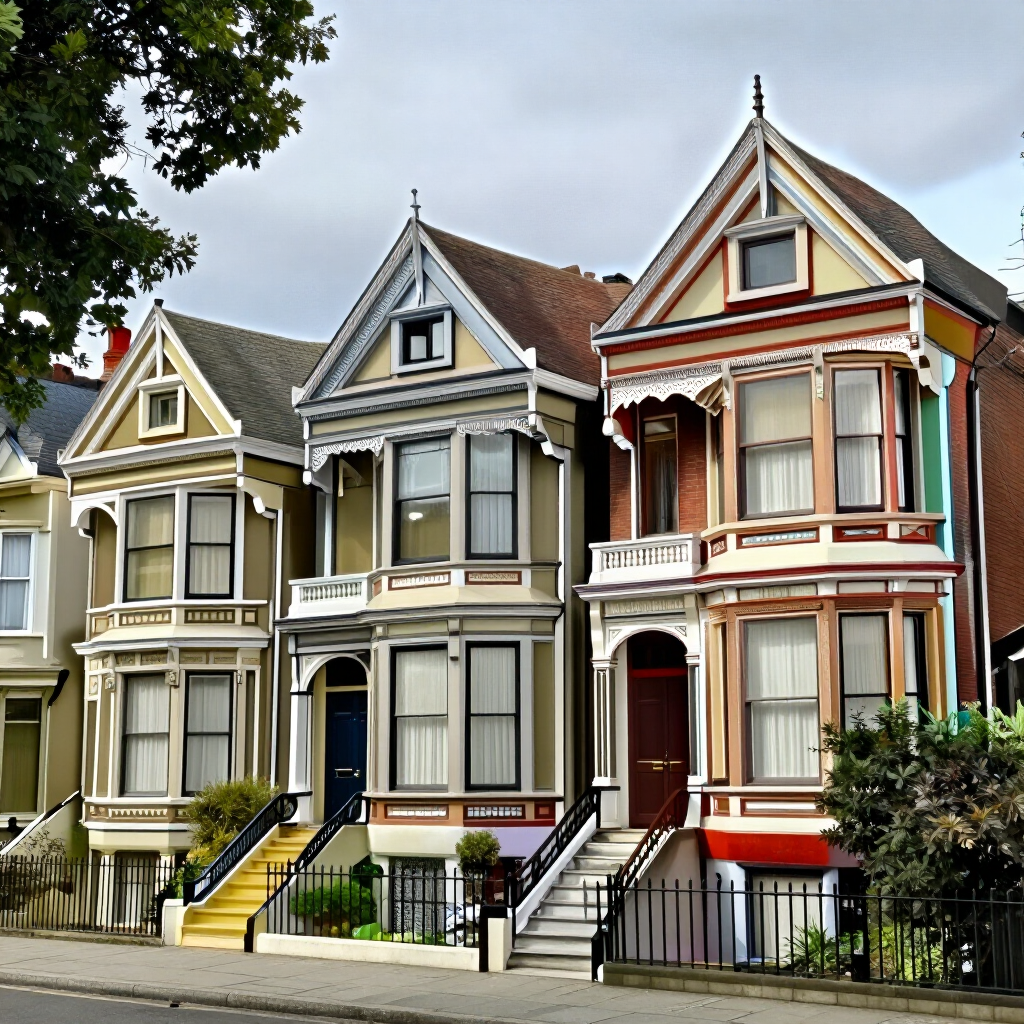 Colorful Victorian row houses with ornate trim and front steps on a quiet street