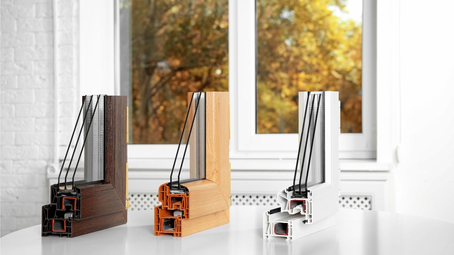 Three miniature crane-like models in black, wood, and white on a windowsill