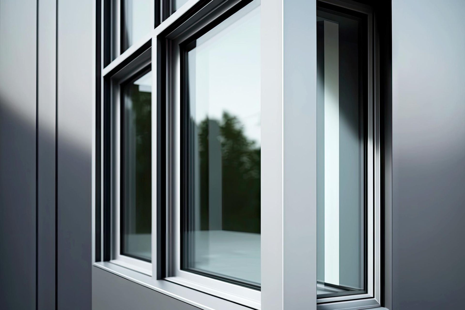 Modern white-framed windows on a gray building facade, reflecting trees outside