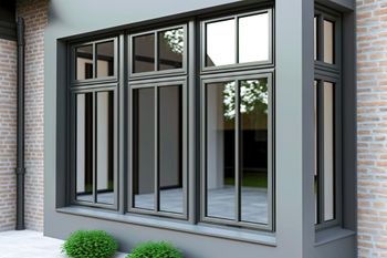 Modern gray bay window on a brick house exterior