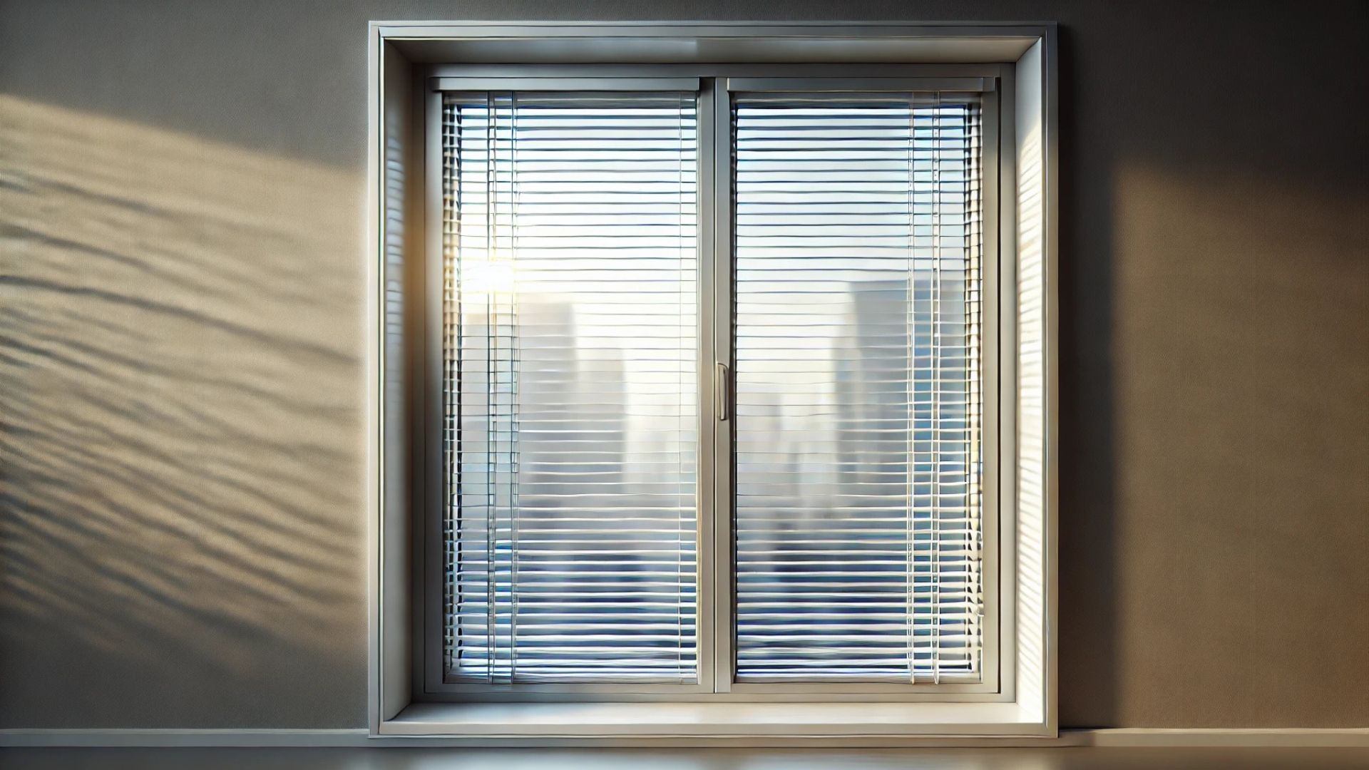 Sunlit window with blinds casting shadows on a beige interior wall