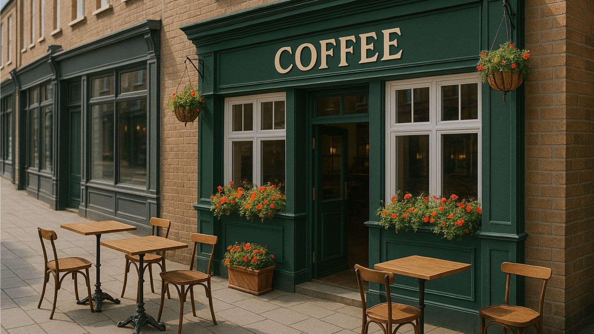 Cozy street-side coffee shop with green facade, outdoor tables, and potted flowers