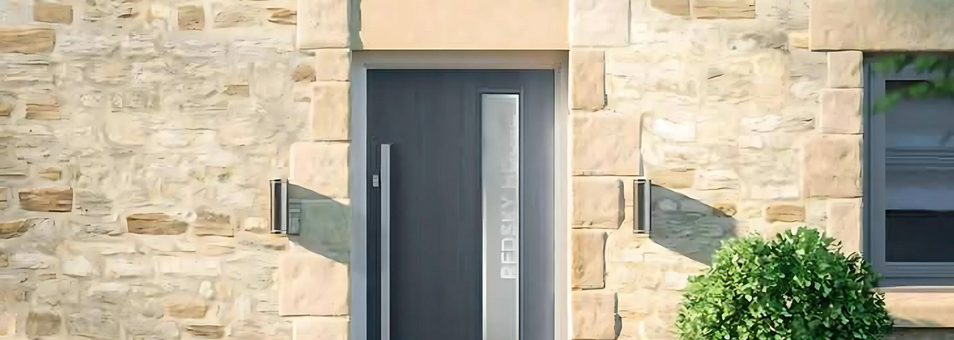 Modern stone house exterior with a dark gray front door and a small window beside a bush
