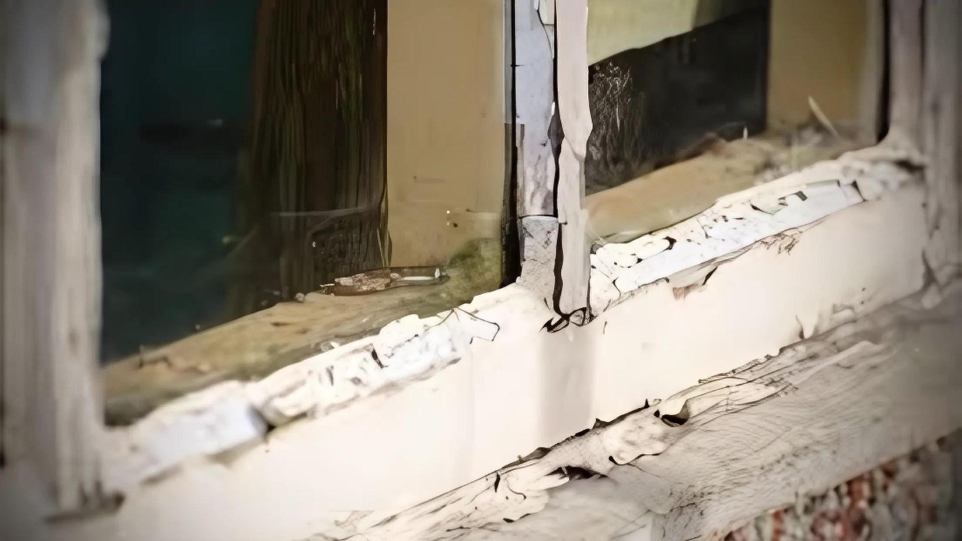 Close-up of a chipped white window frame with peeling paint and dirty glass panes