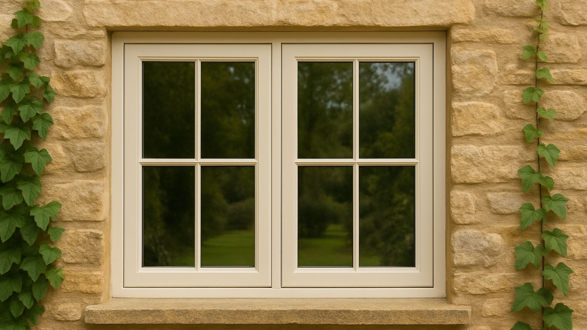 White-paned window set in a tan stone wall with ivy on both sides