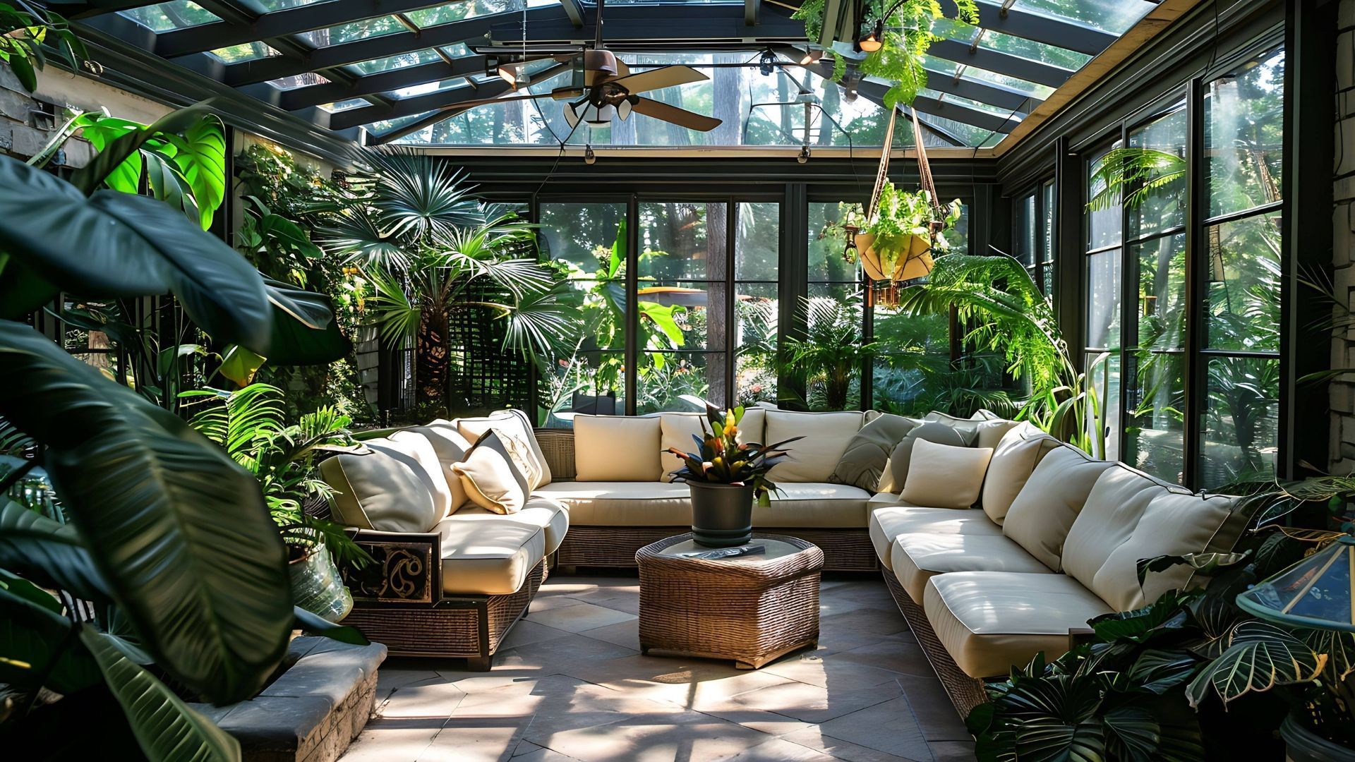 Sunlit indoor conservatory with white sofas, wicker tables, and lush green plants under a glass ceiling