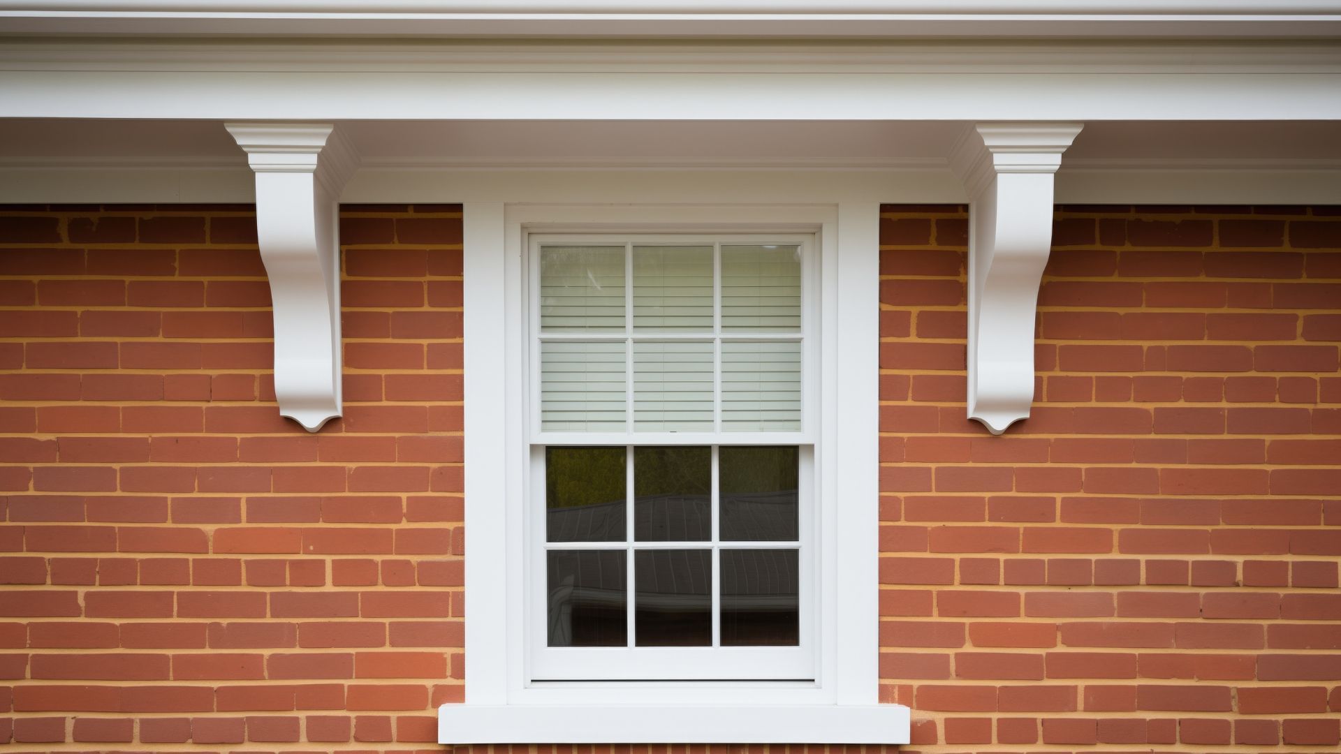 Brick house window with white trim and shutters under a roof overhang