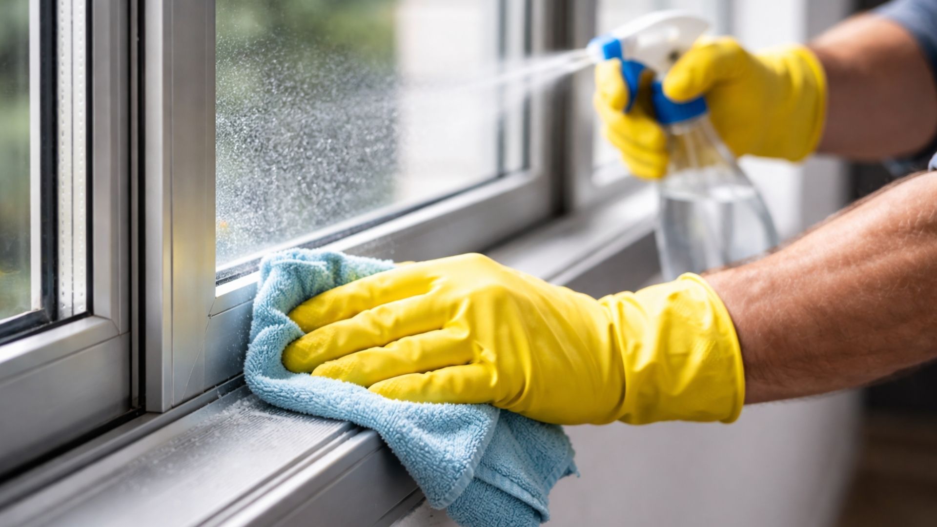 Yellow-gloved hands cleaning a window frame with a blue cloth and spray bottle