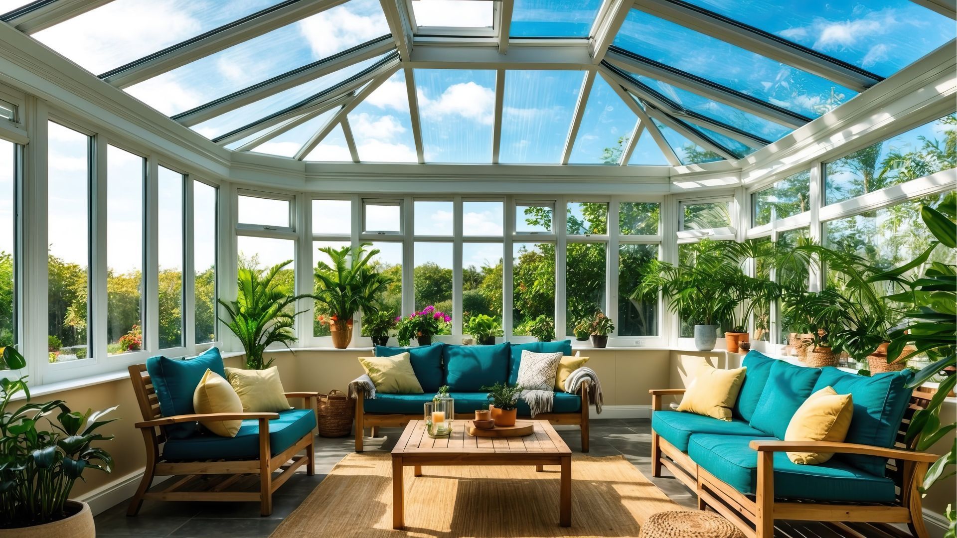 Bright sunroom lounge with teal sofas, wicker chairs, and a glass ceiling overlooking lush greenery