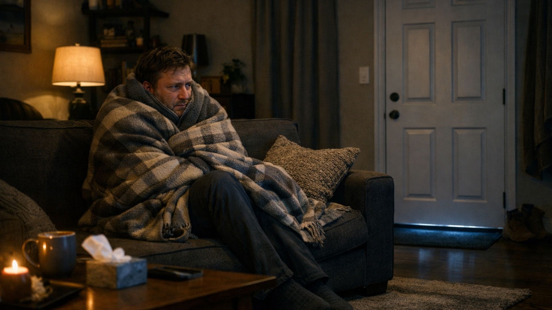 Man wrapped in a plaid blanket sits on a couch in a dim living room, looking toward a closed front door.