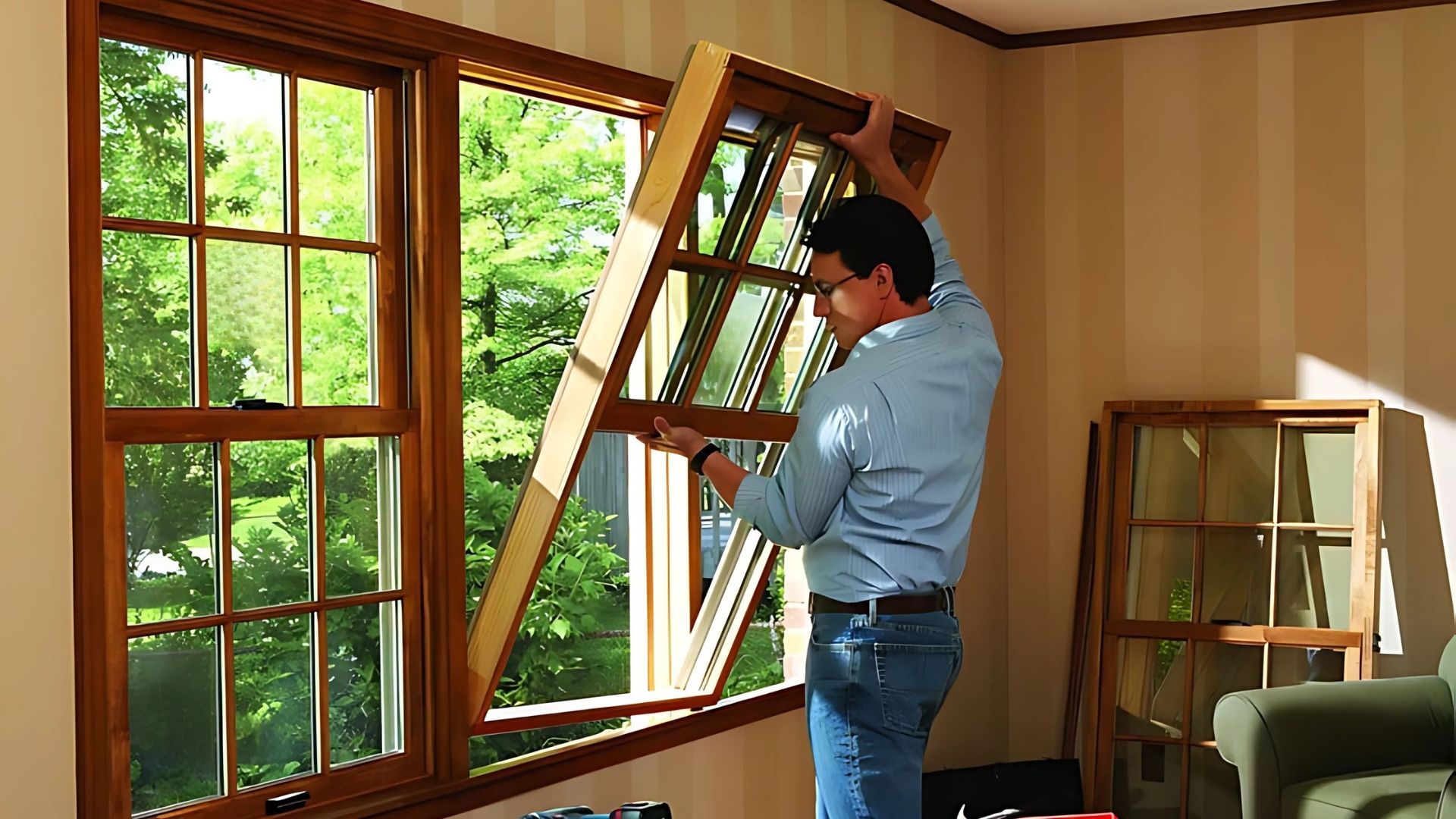 Man installing a window frame beside a large wooden window in a room with striped walls.