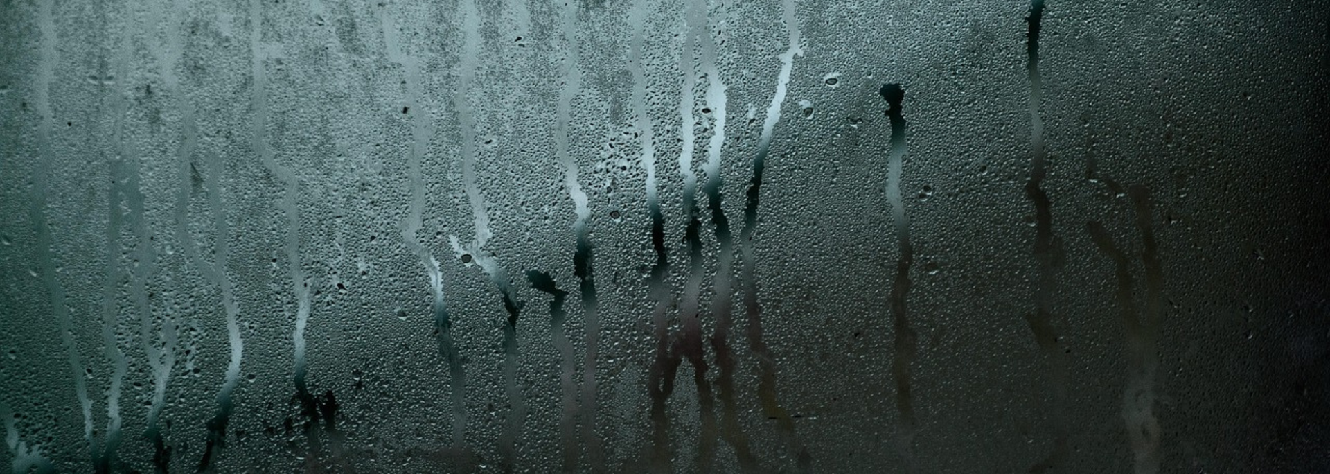 Dark, foggy surface with faint streaks and a row of black marks or silhouettes.