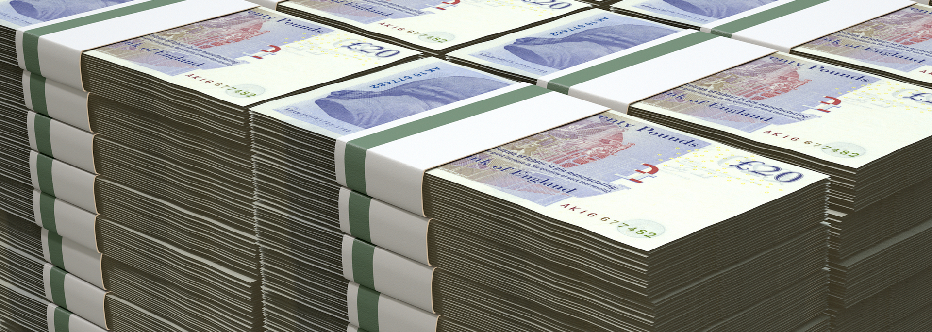 Stacks of bundled currency notes arranged in rows.