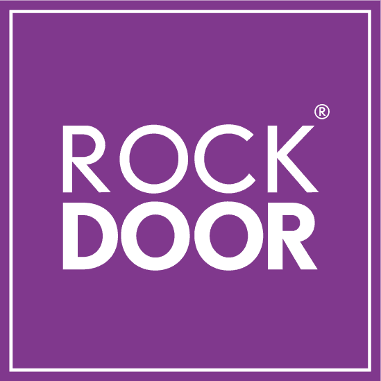 Purple ROCK DOOR logo in white text inside a thin white border.