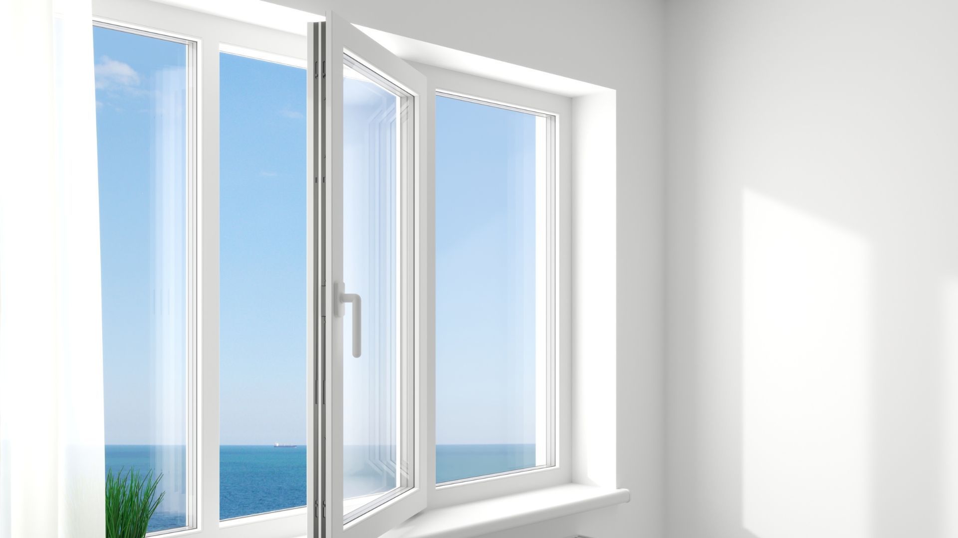 Bright white room with open windows overlooking a blue ocean and sky