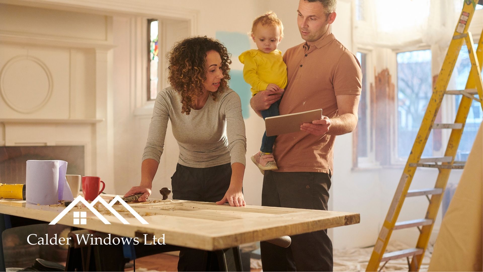 Family planning a home renovation in a bright room with a table, tools, and a ladder nearby