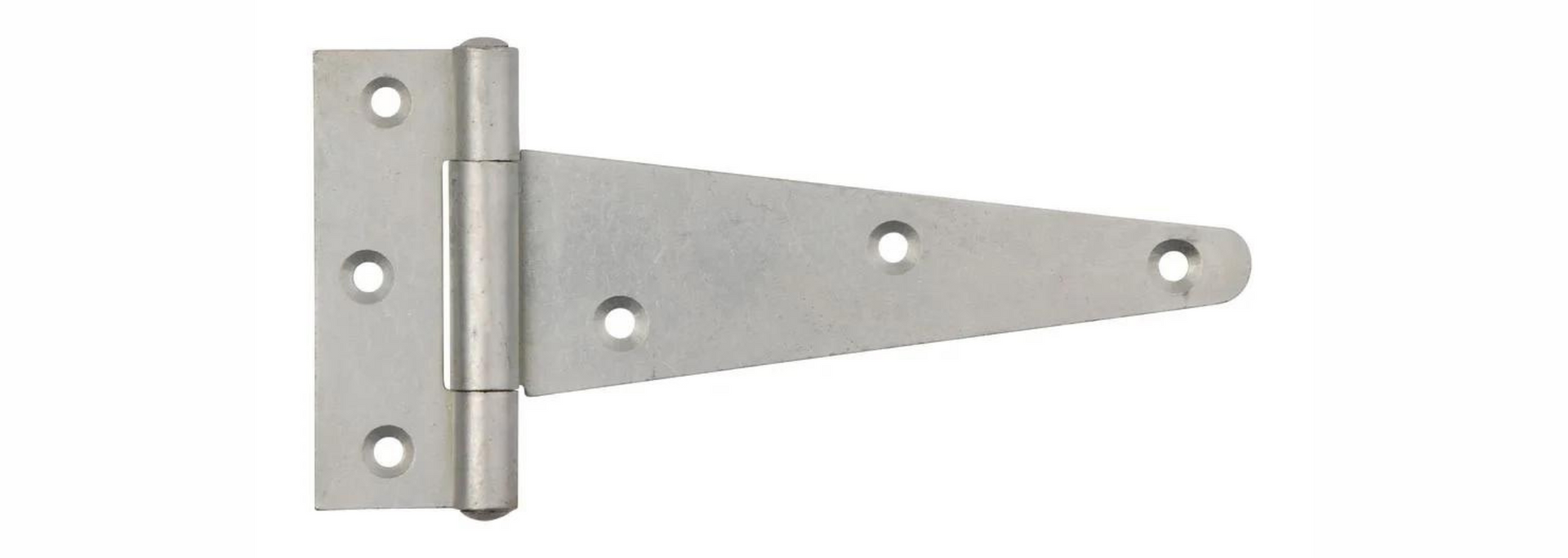 Silver metal cabinet hinge with screw holes on a white background