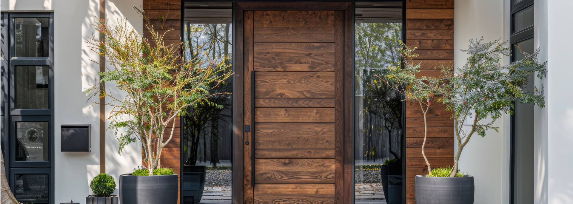 Modern front entry with wooden door, glass sidelights, and potted plants on a tiled porch