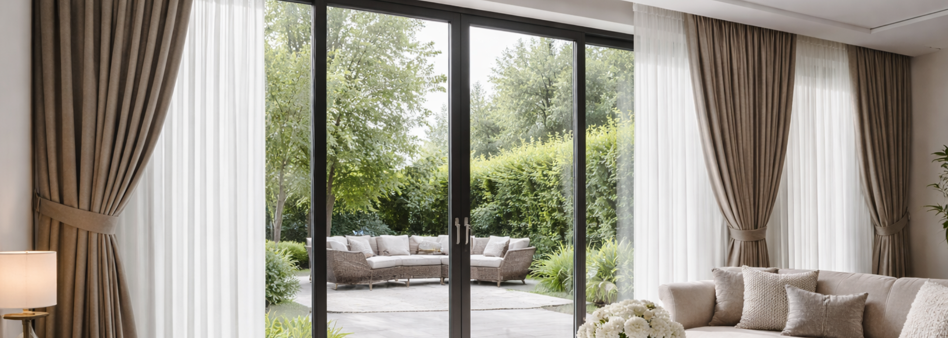 Elegant living room with beige sofas, tall curtains, and large glass doors opening to a green patio.
