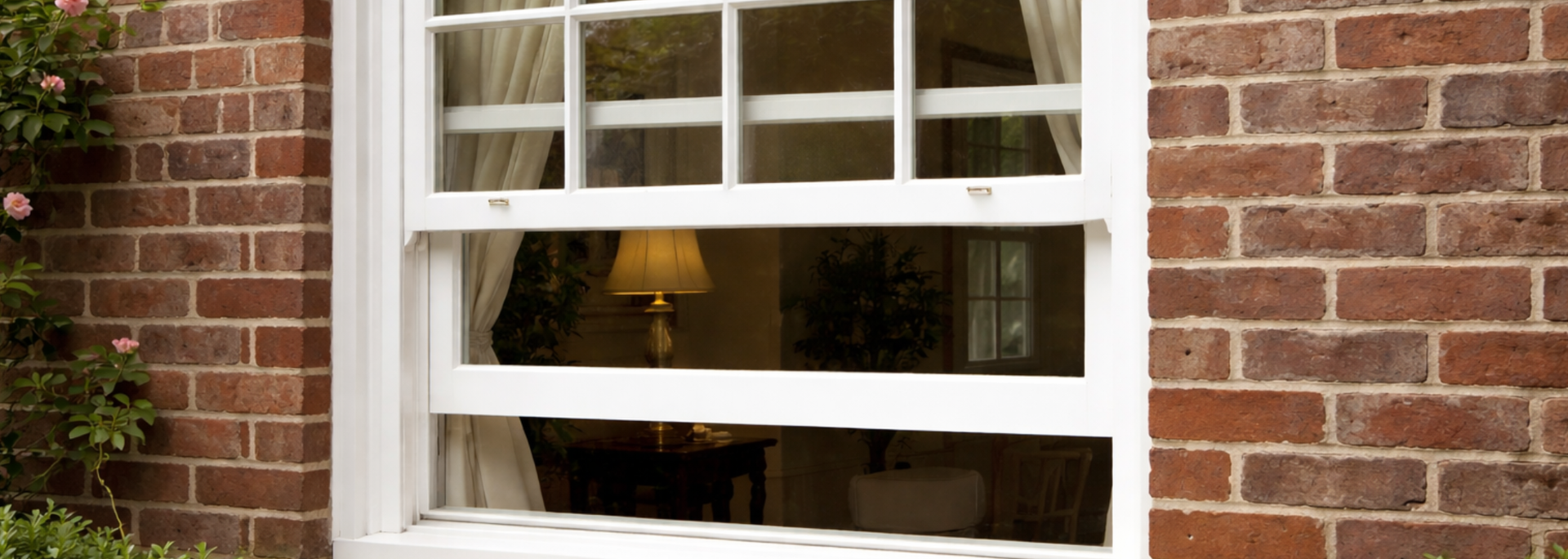 White window with open blinds on a brick house, with a lamp visible inside