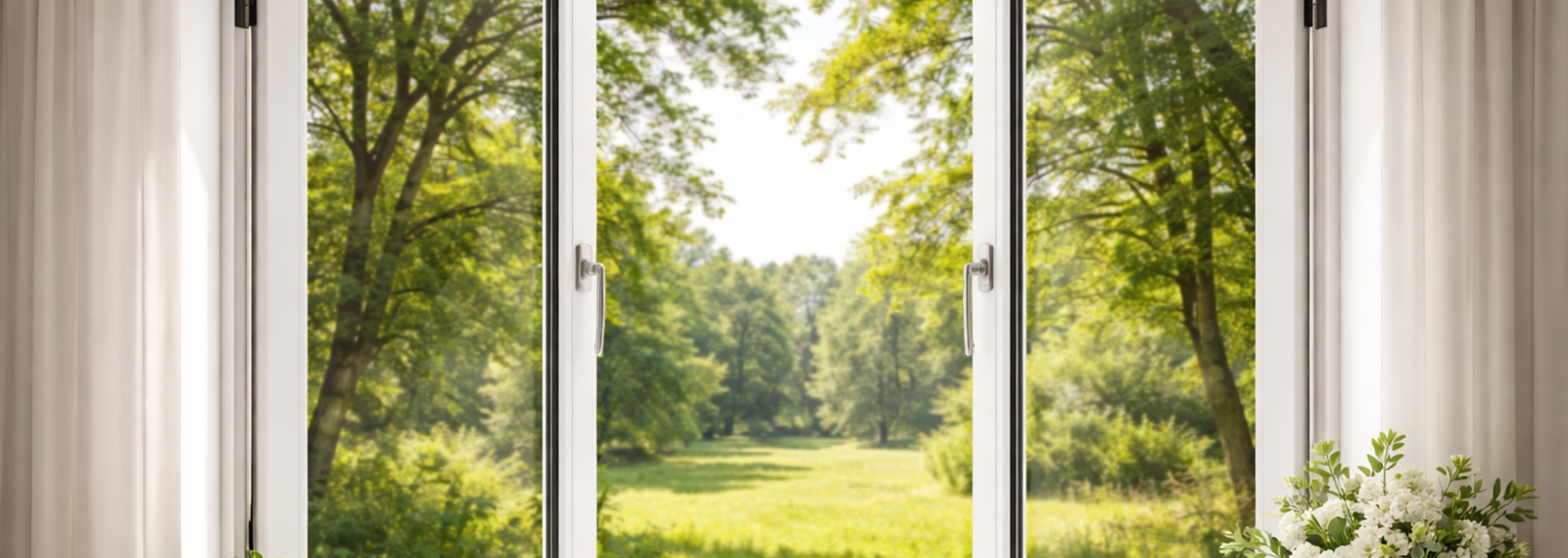 Open window framing a bright green garden with trees and sunlight, with white curtains and a potted plant indoors