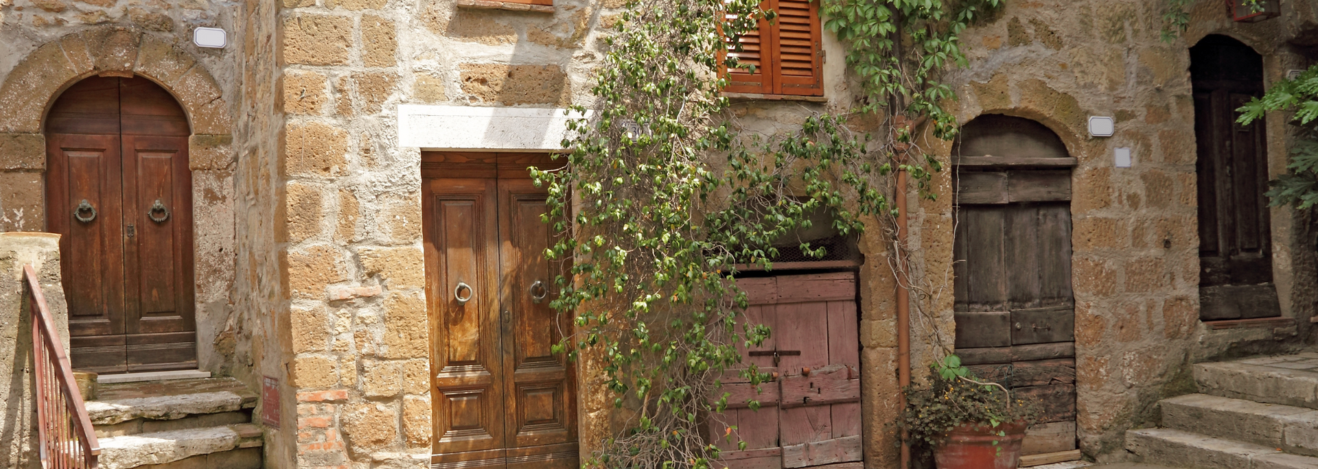 Stone building facade with two wooden doors, stairs, and green vines climbing a central wall panel