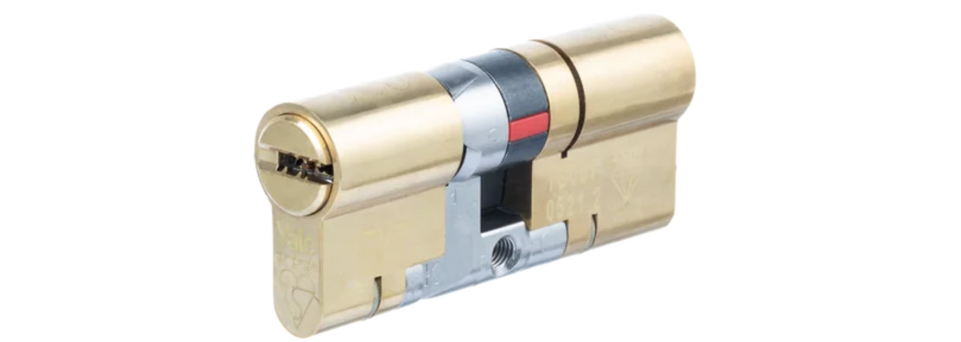 Brass door lock cylinder with a blue and red stripe, shown on a white background